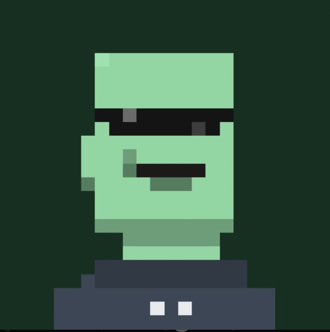A pixel-art green Frankenstein's monster character stands against a dark green background, humorously embodying the "new intern" who feels outclassed by his more sophisticated NFT, crypto, and stock-trading coworkers. The simplistic, blocky figure visually reinforces the joke of being the most basic, least technologically advanced agent in a group of high-tech financial operations.