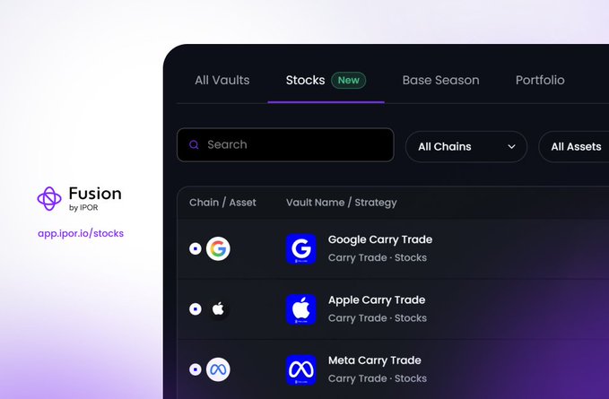Screenshot of the Fusion by IPOR web app showing the 'Stocks' tab (marked 'New') with vault options including Google Carry Trade, Apple Carry Trade, and Meta Carry Trade; the URL app.ipor.io/stocks is displayed.