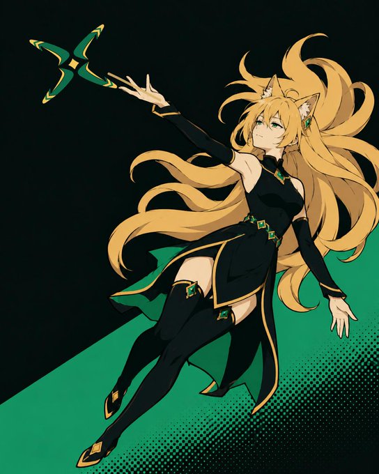 An anime-style illustration of a blonde woman with fox ears and a flowing ponytail, wearing a black and gold dress, reaching toward a star-shaped shuriken against a green and black background.