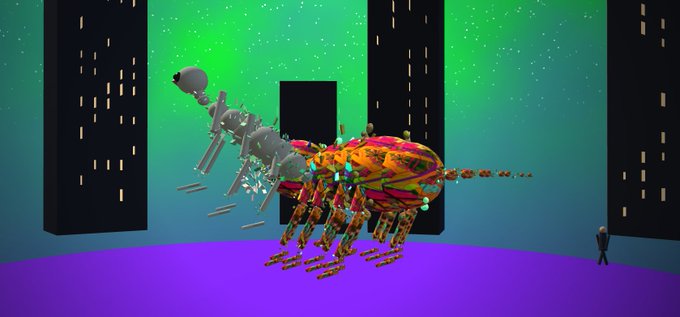 A surreal 3D-rendered scene features a bizarre creature with a gray alien-like upper body fused to a colorful, crustacean-like lower half with orange and pink patterns, standing on a purple surface against a teal and green starry backdrop flanked by black monoliths, with a small figure observing from the right.