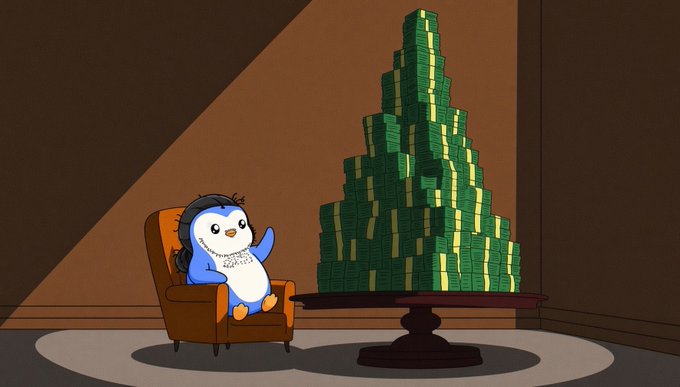 A cartoon penguin mascot wearing a feathered robe sits in an armchair gesturing toward a massive pyramid of cash stacked on a table, visually representing wealth and market optimism. The image playfully captures the post's bullish sentiment about Robinhood and an anticipated bull run in the market.