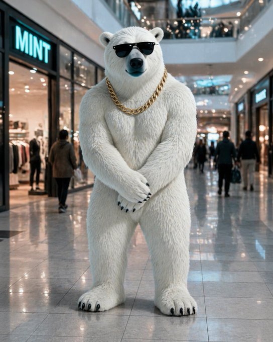 A digitally rendered polar bear wearing black sunglasses and a gold chain necklace, standing upright in a shopping mall in front of a 'MINT' store.