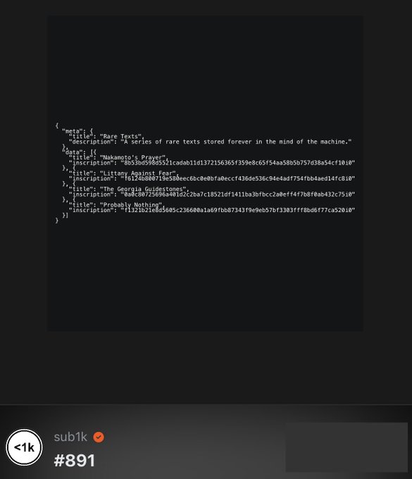 The image displays the JSON metadata for Sub1k ordinal inscription #891, titled "Rare Texts," which references a series of rare texts permanently stored within the inscription, and includes three child inscriptions titled "Nakamoro's Prayers," "The Georgia Guidestones," and "Probably Nothing."