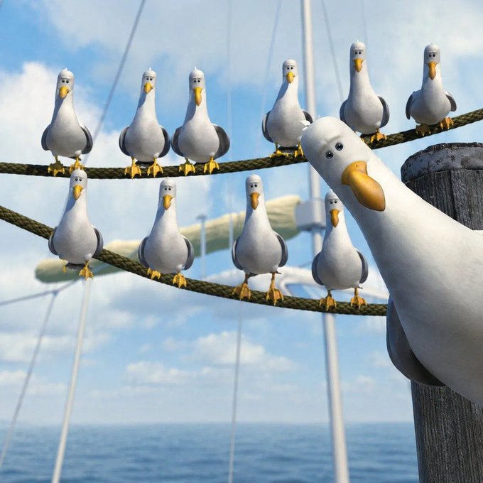 A 3D rendered scene showing a large seagull perched on a wooden piling on the right, looking toward a group of ten smaller seagulls sitting on ropes, with a sailboat mast and the ocean visible in the background under a blue sky.