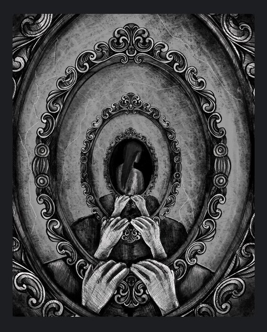 A dark, surreal monochrome illustration showing a hooded figure with no visible face, whose body features multiple nested ornate oval frames that recede inward, ending at the smallest central frame where a shadowy void appears; the layered frames are mirrored by skeletal hands reaching out from below, reinforcing the artwork's theme of endless recursion. The piece is titled "Almost There" by h_Artt_, shared on OBJKT, with its inward-spiraling frames visually conveying the sense of being on the verge of reaching the center but never quite arriving.
