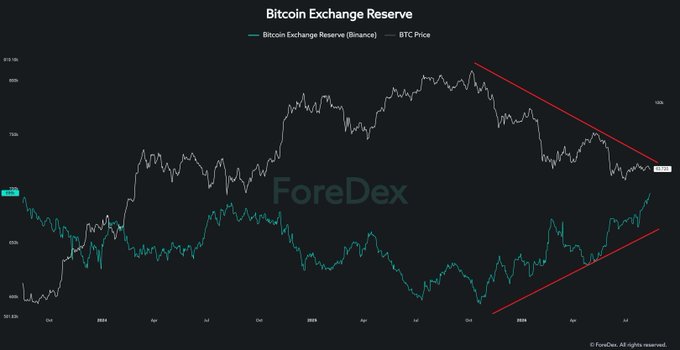The image is a chart titled "Bitcoin Exchange Reserve" displaying the Bitcoin Exchange Reserve (Binance) in teal and BTC Price in white over time from 2023 to 2024, with red trend lines highlighting a divergence—BTC price trending downward while the exchange reserve trends upward, suggesting persistent selling pressure from market makers and accumulation dynamics related to spot ETF activity.