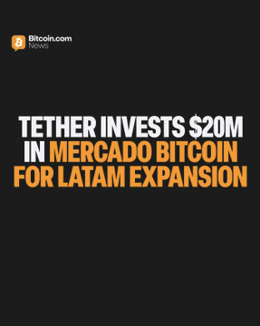 Bitcoin.com graphic announcing Tether's $20M investment in Mercado Bitcoin to expand crypto infrastructure across Latin America.