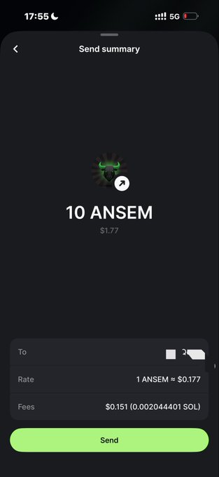 A cryptocurrency wallet screenshot showing a pending transaction to send 10 ANSEM tokens ($1.77), with an exchange rate of 1 ANSEM = $0.177 and a fee of $0.151 (0.002044401 SOL). The image illustrates the "ANSEM onboarding" referenced in the post, where the sender is gifting tokens to @blknoiz06 to welcome them into the ANSEM community.