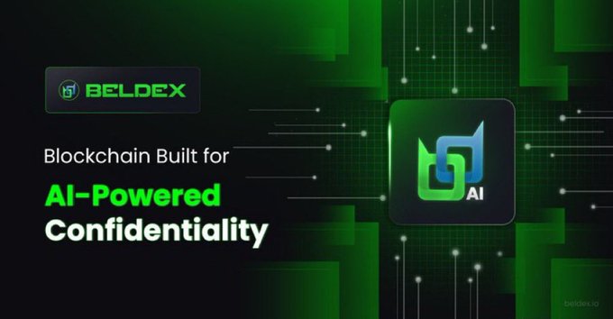 A promotional graphic for BELDEX with the text 'Blockchain Built for AI-Powered Confidentiality' on a dark green digital background featuring a logo and circuit-like design elements.