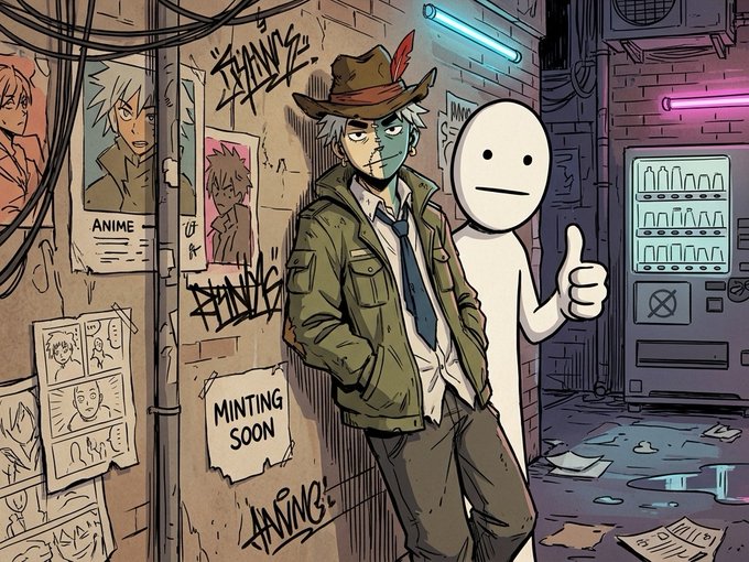 An anime-style man in a trench coat and fedora leans against a graffiti-covered wall next to a blank white figure giving a thumbs-up, with 'MINTING SOON' and 'ANIME' visible on posters.
