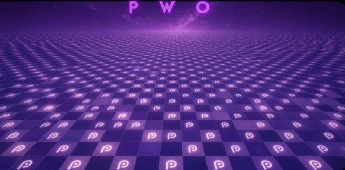 A purple-tinted checkered grid stretches into the distance with the letters 'PWO' floating above and 'P' symbols in each square.