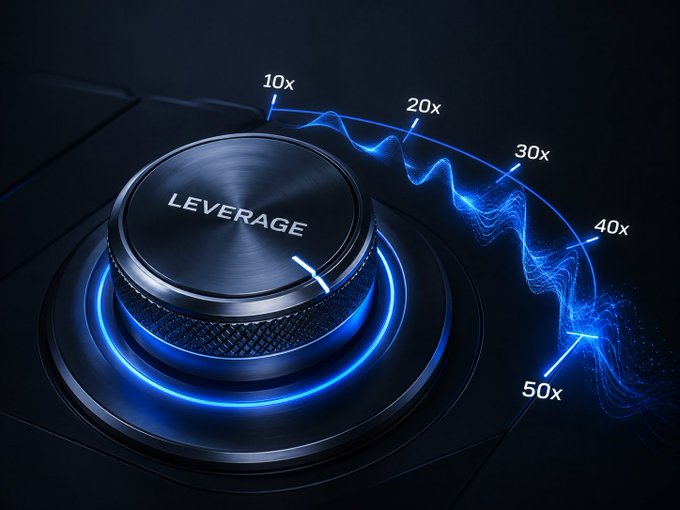 A metallic "LEVERAGE" knob glows with blue neon, turning up from 10x to 50x as a volatile energy wave cascades off the dial—visually capturing how each notch of leverage intensifies both opportunity and risk. The image reinforces the post's message: while higher leverage can amplify a winning setup, it equally magnifies stress, making a disciplined plan essential before turning the dial.