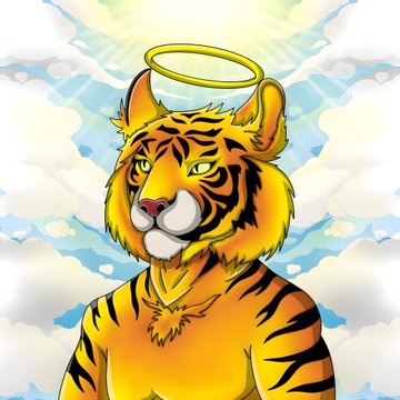 A stylized illustration of a tiger with a golden halo floating above its head against a backdrop of blue sky and white clouds.