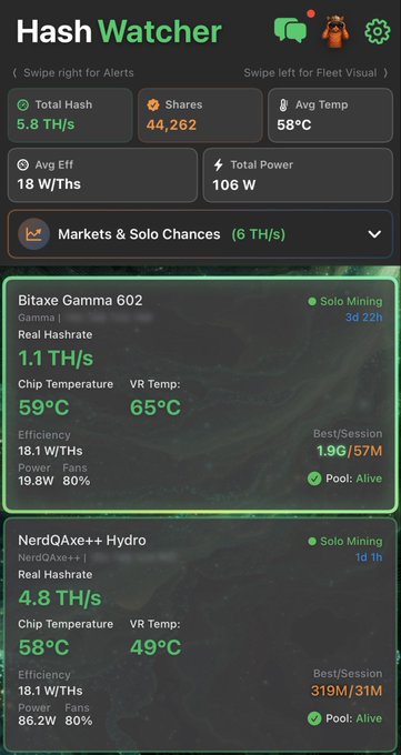 A screenshot of a mobile app dashboard called "Hash Watcher" displaying mining statistics including Total Hash at 5.8 TH/s, Shares at 44,262, and Avg Temp at 58°C, along with detailed metrics for Bitaxe Gamma 602 and NerdQAxe++ Hydro devices.