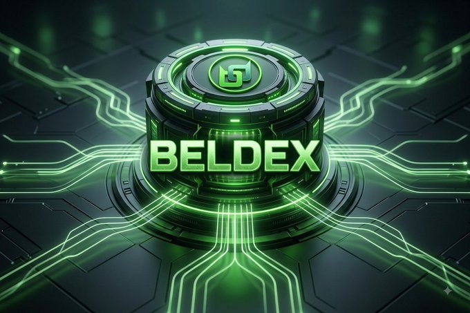 A futuristic 3D graphic displays the text 'BELDEX' in glowing green letters, centered on a circular platform with green circuit-like lines extending outward on a dark background.