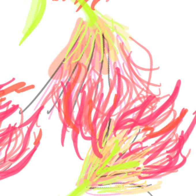 A digital abstract painting features flowing, expressive brushstrokes in shades of pink, red, and lime green against a white background.