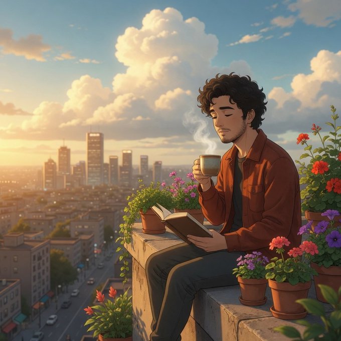 The image features a man sitting on a ledge, reading an open book while holding a cup of coffee. The scene takes place outdoors with potted plants surrounding him. There are several cars parked nearby, indicating that this location might be near a busy street or parking area. The caption for the image reads "Good morning fam Just got 987 points on @RiverdotInc. Rank 18 and climbing. But honestly? The real win is their S5 design. Stake $RIVER → Get 3 things at once: Governance voting power (actual protocol control) River Points (seasonal rankings + real rewards)", which suggests that the man's interest in reading and his coffee break might be related to a specific social media post or event.