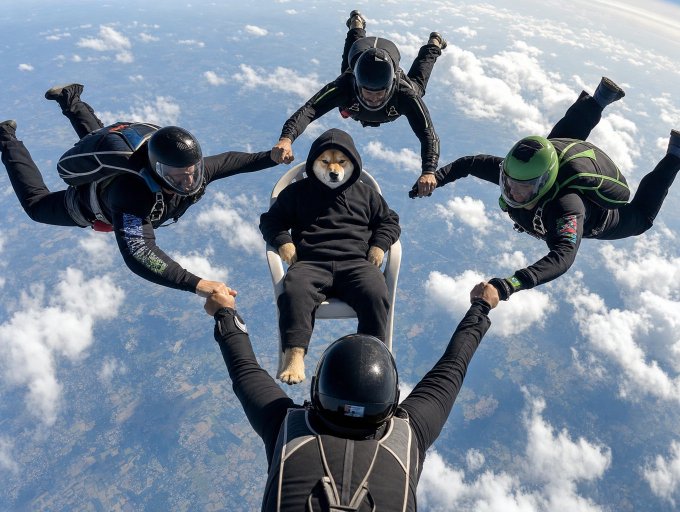 A photograph captures five skydivers in freefall, with four people in black gear holding hands in a circle around a Shiba Inu dog dressed in a black hoodie sitting on a white board.