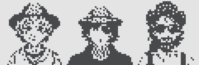 A pixel art image featuring three stylized character portraits — a woman with curly hair on the left, a figure wearing a wide-brimmed hat in the center, and a hooded figure with skull-like features on the right — serving as visual branding for the Beeple x Normies Web3 art collaboration.