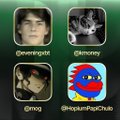 A collage of four profile images with usernames "@eveningxbt," "@kmoney," "@fmg," and "@HopiumPapiChub," visually representing the Twitter/X profiles of the four users being welcomed to the Pumpfun app.