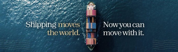 Aerial view of a cargo ship on the ocean with the text 'Shipping moves the world. Now you can move with it.'