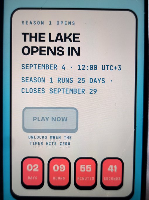 A countdown timer screen showing 'THE LAKE OPENS IN' September 4 at 12:00 UTC+3, with Season 1 running 25 days and closing September 29, displaying 02 days, 09 hours, 55 minutes, 41 seconds remaining.