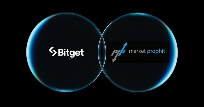 The image features a black background with two blue circles positioned side by side, each containing the text "bitget" written above them. Below these circles are the words "Market Prophit" and "Expand Data-Driven Social Copy Trading". The text "@Bitget" is also present in the image.