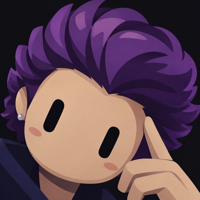 A digital illustration of a chibi-style character with spiky purple hair, a single earring, and a minimalist face making a peace sign against a black background.