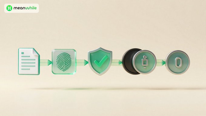 A graphic from "meanwhile" showing icons representing document, fingerprint, security shield, identity verification, and confirmation in a green-themed process flow.
