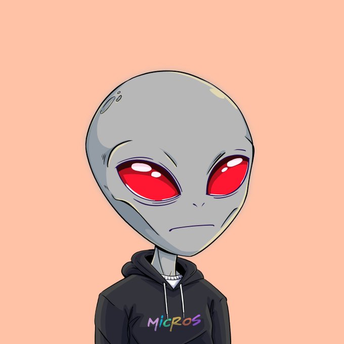 An anime-style illustration of a gray alien with large red eyes wearing a black hoodie that has "Micros" written in colorful letters on the front.