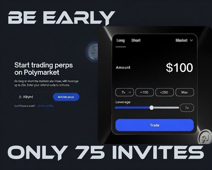 A Polymarket promotional image inviting users to start trading perps with a referral code, featuring only 75 invites available.