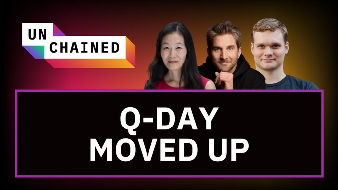 An 'Unchained' podcast thumbnail titled 'Q-DAY MOVED UP' featuring three hosts.