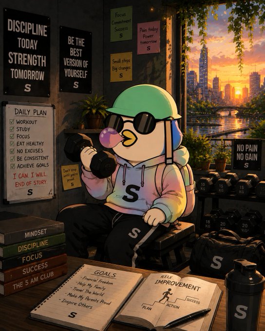 A cartoon penguin wearing sunglasses and a green cap lifts a dumbbell in a gym room filled with motivational posters reading 'DISCIPLINE TODAY STRENGTH TOMORROW' and 'BE THE BEST VERSION OF YOURSELF,' with books titled 'MINDSET,' 'DISCIPLINE,' 'FOCUS,' and 'SUCCESS.'