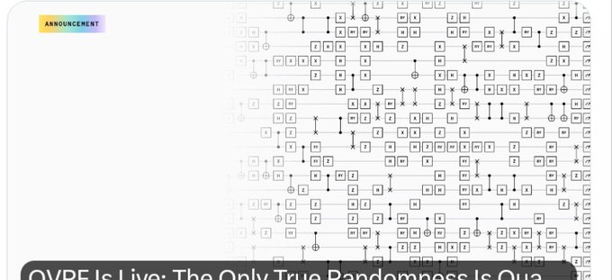 An announcement graphic with a yellow "ANNOUNCEMENT" tag, featuring an intricate quantum circuit diagram pattern and partial text reading "QYBE Is Live: The Only True Randomness Is Qua..."