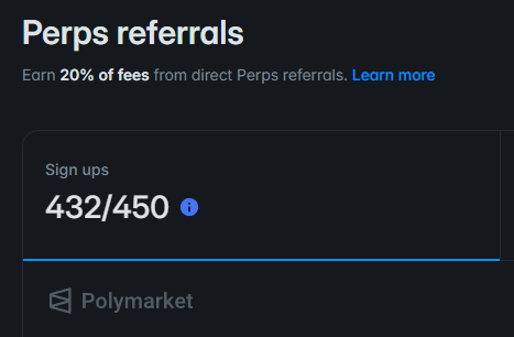 The image shows a "Perps referrals" dashboard displaying sign-up progress at 432 out of 450, with a link indicating access to 20% of fees from direct Perps referrals. The accompanying post references this counter, emphasizing how quickly 432 of the 450 available Perps referral slots have been claimed, highlighting rapid adoption of Polymarket's new Perps platform.