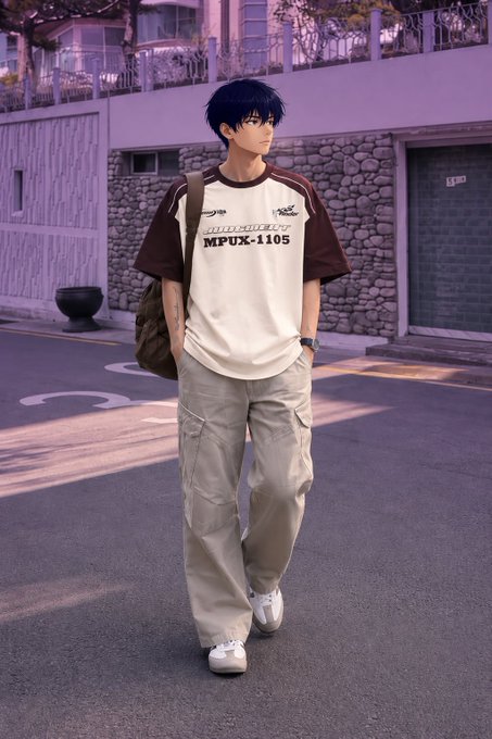 A young man with dark hair stands on a street wearing a backpack, a color-block t-shirt reading "MPUX-1105," and beige cargo pants, embodying a casual "gm frens, happy Wednesday" vibe as he steps into the day with a fresh, ready-to-go attitude.