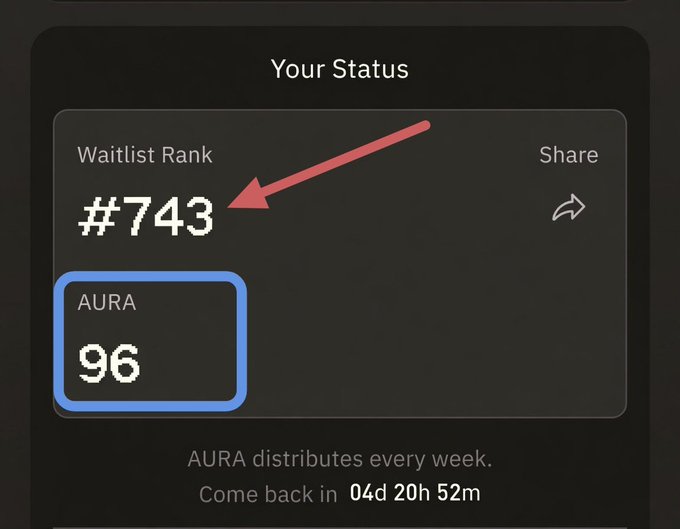 The image displays a phone's status screen where the "WAITLIST RANK" number 743 is prominently shown, along with an arrow pointing at that specific rank. Below this information, there is a description of bulk trade events or shares for a particular date. The text on the screen indicates that the bulk trade raised $8M from tier-1 investors and consists of 30% of the total supply allocated to the community. This information highlights some of the key highlights related to the auction's progress during this specific week, giving users insights into the current state of the auction.
