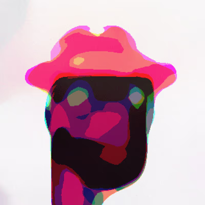 An abstract digital artwork featuring pink, purple, and black shapes resembling a stylized figure or face.