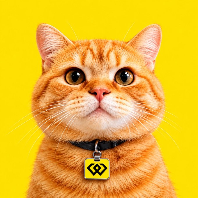 A close-up portrait of an orange tabby cat wearing a black collar with a yellow tag displaying a black logo, set against a bright yellow background.