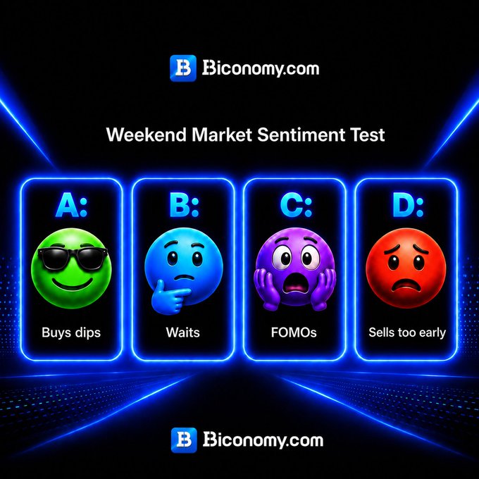 The image features four different colored emoticons, each representing a different sentiment about the weekend market sentiment test. The first one is green with a sad face, the second one is purple with an excited face, the third one is red with a confused face, and the fourth one is blue with a surprised face. These emotions are used to describe how people feel about the weekend market sentiment test.