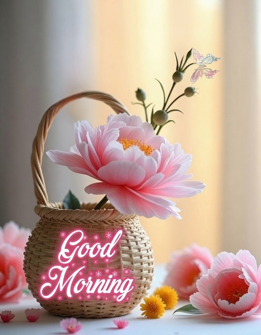 A 'Good Morning' greeting graphic featuring pink peonies in a woven basket with a butterfly, set against a soft curtain background.