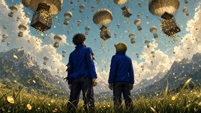 Two figures in blue jackets standing in a flower-filled field, watching hundreds of parachutes descend from a cloudy sky above snow-capped mountains.