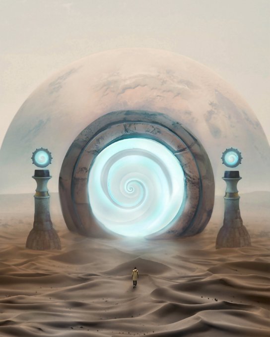 A lone figure stands before a massive, dome-like structure in a desert, featuring a glowing blue swirling portal flanked by two pillars with glowing orbs.