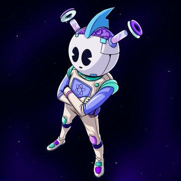 A vibrant fanart illustration features a futuristic panda-headed astronaut character in a sleek white and teal space suit with purple accents, floating against a dark starry cosmic background. The artwork showcases the creator's talent, which earned recognition from @RealPapii of the @quirkiesnft community, as noted in the accompanying post celebrating this fan-made piece.