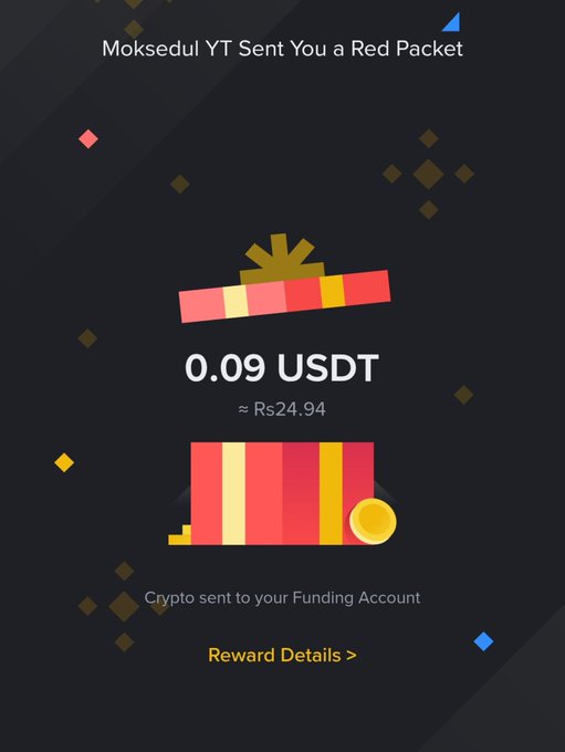 A screenshot shows a crypto reward notification reading 'Moksedul YT Sent You a Red Packet' for '0.09 USDT' (approx Rs24.94), indicating crypto was 'sent to your Funding Account.'