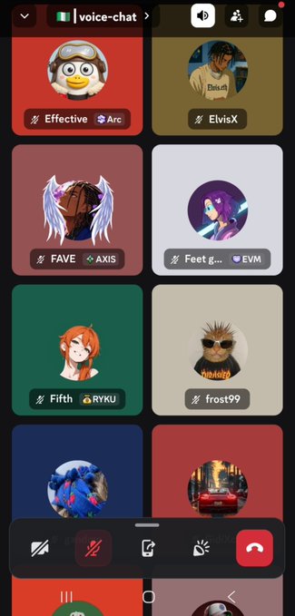 A mobile voice-chat application screen displays a grid of user profile cards with avatars and usernames, including "Effective" with "Arc," "ElvisX," "FAVE" with "AXIS," "Feet g..." with "EVM," "Fifth" with "RYKU," "frost99," and others. The Discord-style interface with active speakers visible (red mic icons) suggests this is related to the mentioned Axis Robotics onboarding session mentioned in the post.