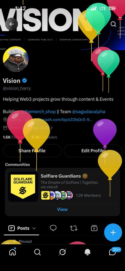 Screenshot of Vision's (@vision_harry) Twitter/X profile with 1.6K Following and 2.7K Followers, describing themselves as "Helping Web3 projects grow through content & Events" and builder of @themerch_shop, with the Solflare Guardians community (1.2K Members) featured. The festive birthday balloons overlay complements the birthday post celebrating turning 27 while building a merchandise shop on Solana.