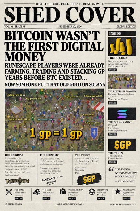 A mock newspaper cover titled 'SHED COVER' with a headline 'BITCOIN WASN'T THE FIRST DIGITAL MONEY', discussing RuneScape gold and a new token called '$GP' on Solana.