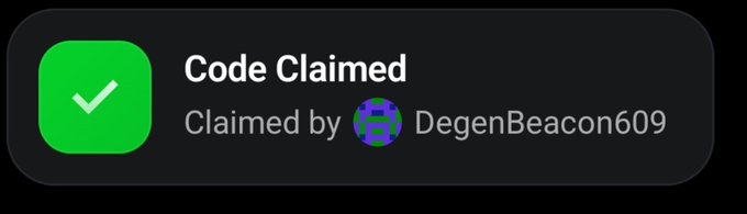 A green checkmark notification displays "Code Claimed" by user "DegenBeacon609," confirming the successful redemption of the OpenSea mobile code mentioned in the congratulatory post.