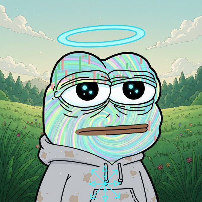 A glitchy, rainbow-static-faced Pepe wearing a dirty hoodie and a cyan halo stands in a sunny green meadow, humorously embodying the "$TOUCHGRASS" meme by literally going outside to get sun and grass—while the post jokes that even touching grass is an NFT.